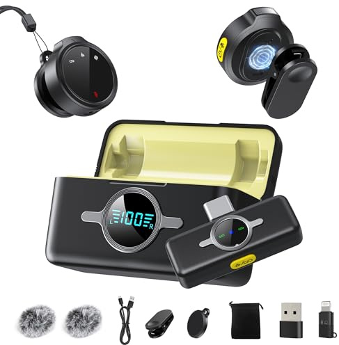 Micrófono Lavalier inalámbrico para iPhone/Android/PC, micrófono de solapa indicador LED con funda de carga de 42 horas, reducción de ruido, magnético, mini micrófono de 328 pies para grabación de