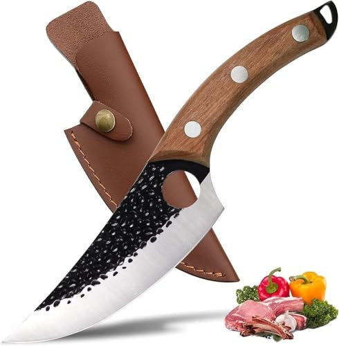 Geschmiedetes Kochmesser Japanstil mit veganer Lederhülle, Küchenmesser mit Fingerloch und Holzgriff, scharfes Ausbeinmesser für Outdoor, Gemüse und Fleisch, Geschenkidee