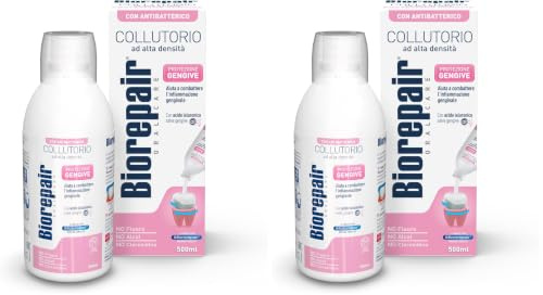 Biorepair, Enjuague bucal de alta densidad, protección contra sangrado de encías, con ácido hialurónico y zinc, antibacteriano, sin flúor, alcohol y clorhexidina, 500 ml (Paquete de 2)