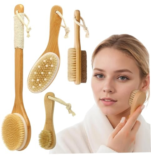 Juego de 4 cepillos corporales para cepillado en seco con mango de madera natural cepillo exfoliante de cerdas de jabalí cepillo de espalda con mango largo y facial.