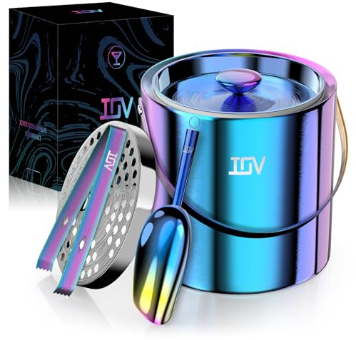 IOV Ice Bucket with Lid, Scoop, Tongs, and Strainer, 3 L Stainless Steel Double Wall Insulated Ice Bucket for Parties, Keeps Ice Frozen Longer, Ideal for Cocktail Bars, Freezers, and Wine - Rainbow