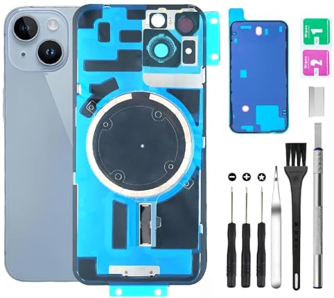 Verre arrière de rechange pour iPhone 14 + objectif d'appareil photo + aimant + support en fer avec kit d'outils de réparation (bleu)