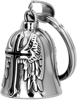 LEMLIN Clochette Moto Guardian Ride Bell,Porte Clef Moto Porte-Bonheur en Acier Inoxydable,Cadeau Symbolique pour Motards avec Chaîne de Sécurité,Angel Bell pour Protection et Chance (Argent)