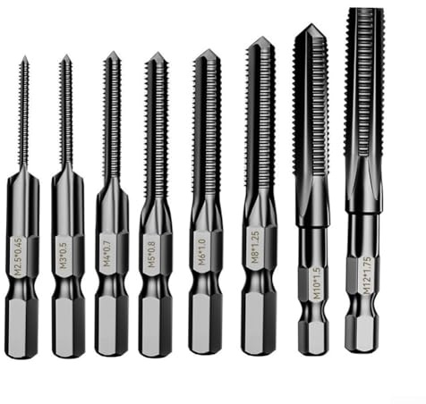 Lot de 8 tarauds filetés HSS à tige hexagonale pour machine et perceuse manuelle Tailles métriques M2 5/3/4/5/6/8/10/12