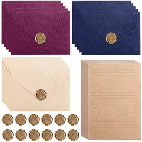50 Stück Briefpapier mit Umschlag Set, 15 Leinenumschlag Umschläge und 20 A5 Briefpapier Vintage Papier mit Wachssiegel-aufkleber, Umschläge für Geburtstag, Hochzeits Einladung Grußkarten