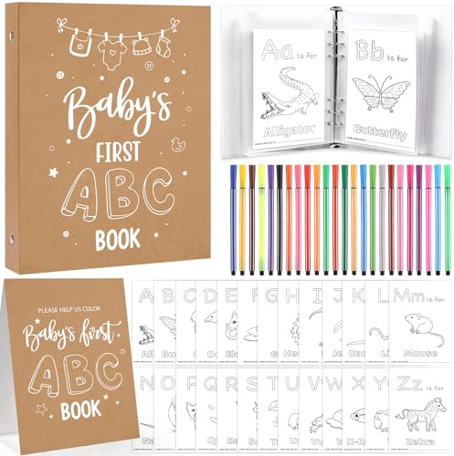 GJGKOP Baby Shower Games Baby's First ABC Coloring Book 26 Curious Activity Cards Animal Alphabet A to Z Coloring Card with 24 Watercolor Pen for Baby Shower Activities (Kraft Paper)