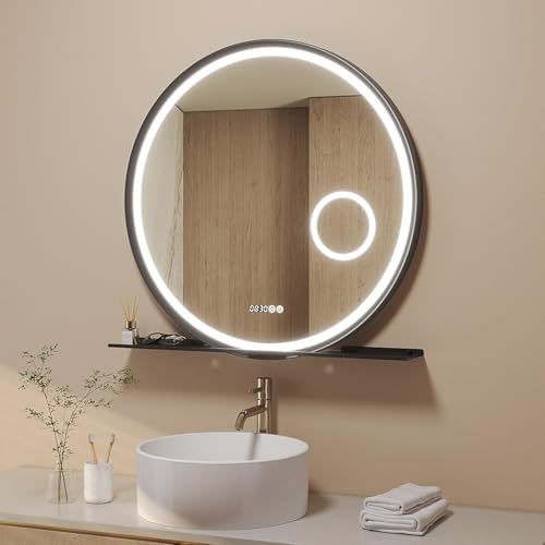 AQUABATOS Badspiegel mit Beleuchtung und Ablage Rund 80 cm Aluminium Rahmen Schrägdesign schwarz direkter LED-Beleuchtung Uhr Kosmetikspiegel Spiegelheizung Touch dimmbar mit Wandschalterfunktion
