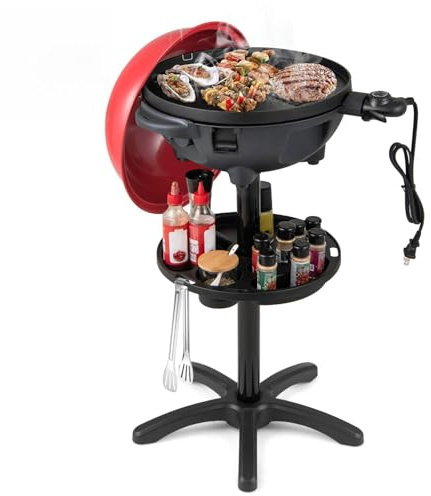 Giantex Electric Grill Outdoor, 1200W Electric BBQ Grills Outdoor Cooking with Lid & Thermometer, Nonstick Griddle, Drip Tray, 2-in-1 Freestanding & Tabletop Grill for Apartments Backyard Party, Red