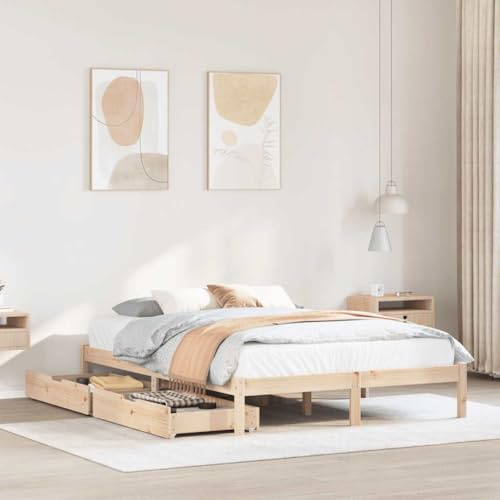 Runheo Massivholzbett Kiefernholz 140x190 cm, Stabiler Bettrahmen mit Lattenrost, 2 Unterbettschubladen auf Rollen, unbehandeltes Holz für Schlafzimmer Möbel