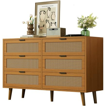 dowowdo Commode à 6 tiroirs, buffet en noyer, 120 cm, avec rotin et poignées en métal, design rétro, pour chambre à coucher, salon, 120 x 76,5 x 40 cm