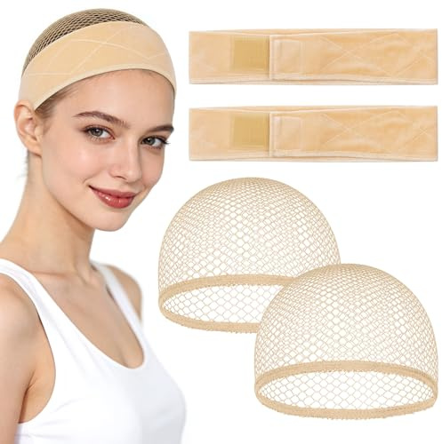 Kiiwah Pannband för peruker i sammet, justerbart halkfritt pannband för peruker med wig cap, elastiskt pannband för sport, yoga, 4 delar (naken)