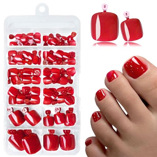LunarCharm 120 pezzi di unghie finte rosse per i piedi, unghie applicabili con linguette adesive, unghie artificiali rosse da premere e incollare