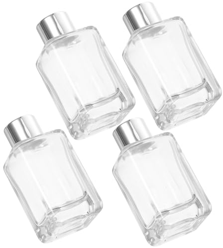 JOINPAYA Juego de 4 Botellas Difusoras de Vidrio con Tapa Plateada de 50 Ml, Frascos para Aceites Esenciales y Perfumes, Envases Transparentes para Uso en Coche y Hogar, Organizador