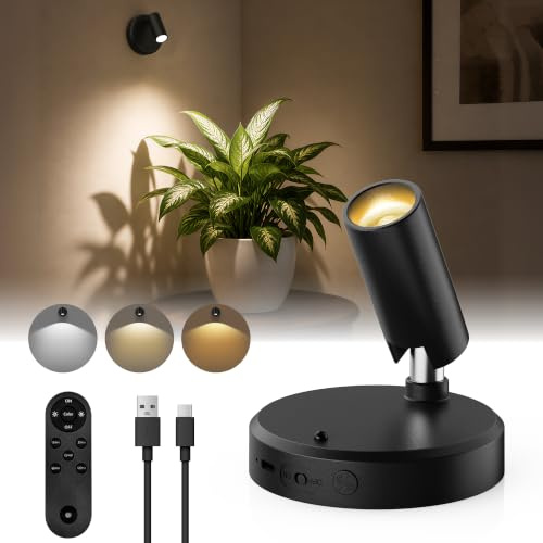 EZVALO 5500mAh Battery Powered Indoor Spotlights, Uplights for Indoor Plants, Wireless LED Picture Light for Wall, Dimmable with Remote & Timer, 3-Colour for Artwork & Tree Display (1, Black)