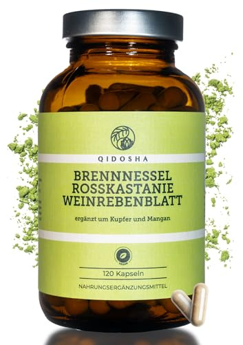 QIDOSHA® Brennnessel Rosskastanie Weinrebenblatt Komplex Kapseln plus Kupfer & Mangan, 120 Kapseln im Apothekerglas, deutsche Fertigung, jede Charge laborgeprüft