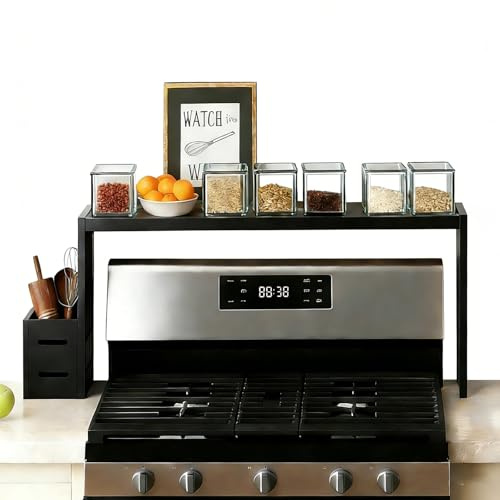 AODANC Over The Stove Shelf Wooden,Bamboo Spice Rack for Above the Kitchen Hob,31.5-inch Spice Storage Rack,Height-Adjustable, 50-pound Weight Capacity, Easy to Assemble (Black)