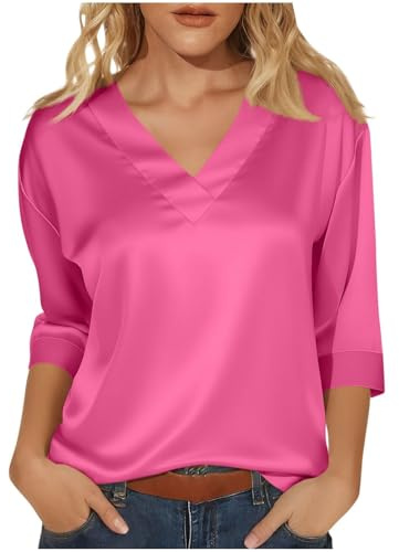 Haut en satin pour femme avec col en V et manches 3/4 imitation soie - Chemisier d'été décontracté de couleur unie