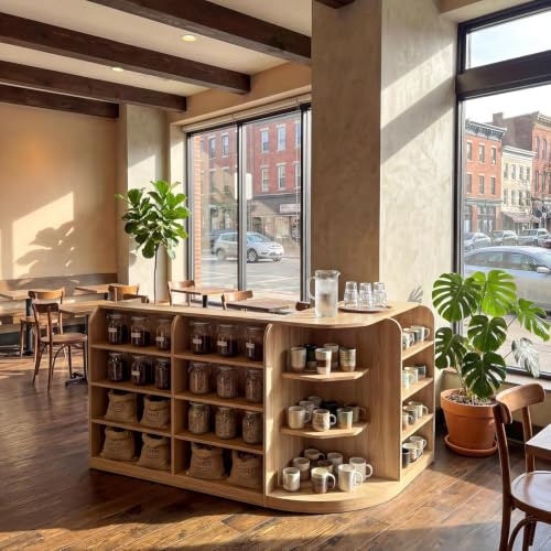 PREMTURE Bancone per ricevimento, colore legno, a forma di L, 180 cm, bancone angolare con ripiani aperti, 2 cassetti e armadio, grande bancone per ricevimenti per caffè, ristorante, negozi, 180 x 120
