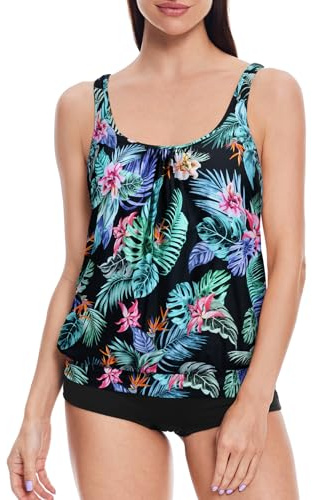 loginsummer 2 Piece Swimming Costume Women Padded Tankini Sets for Women UK High Waist Plus Size Swimwear Tummy Control Blouson Tankini Top with Shorts