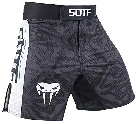 SOTF Mens MMA Stretch Shorts BJJ Grappling Bord Shorts, Dark Gray, L for waist 32-33inch