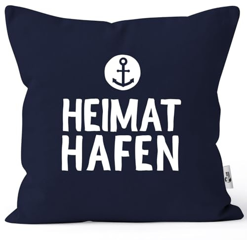 MoonWorks® Kissenbezug Aufschrift Heimathafen Anker Geschenk Partner Familie Freunde maritimes Motiv Navy Unisize