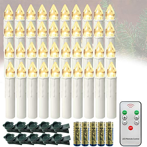 Froadp LED Flammenlose Baumkerzen Warmweiß Stabkerzen Mini Weihnachtskerzen Batteriebetriebene Kerzen Satz Christbaumkerzen Kerzenlichter mit Fernbedienung Kabellos und Clips (40er Pack)