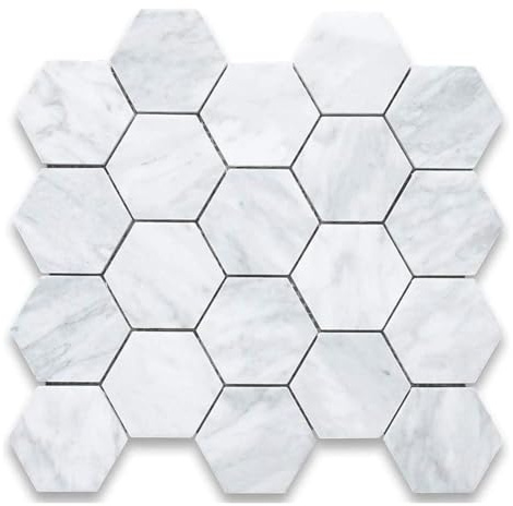 Tenedos Carrara Marble 3 Inches Hexagon Mosaic Tile Honed Box of 4 Sheets for Kitchen Backsplash, Bathroom Floors, Walls, Showers, Fireplace Surrounds and Accent Walls
