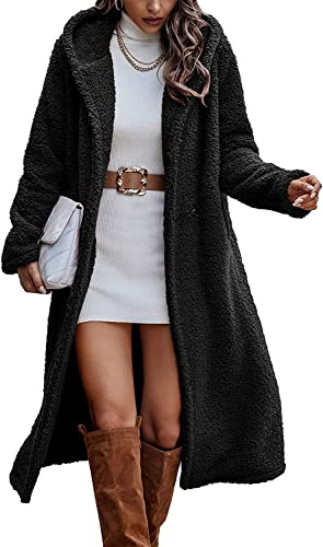 Abrigo de Invierno para Mujer Abrigo Largo de Felpa con Capucha Abrigo de Piel sintética Abrigo cálido de Piel sintética de Peluche Abrigo de Invierno de Gran tamaño Vintage (Negro,S)