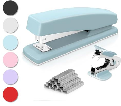 Deli Heftgerät, Desktop-Heftgerät,Büroheftgerät, Kapazität von 25 Blatt, inklusive 1000 Heftklammern und Heftklammernentferner, blau