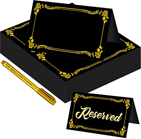 Chenkaiyang 100 Pcs Black Place Cards and Gold Pen for Weddings, Name Cards with Gold Foil Border for Table Setting Folded Table Tents Sign for Buffet Banquet Parties Events Celebrations
