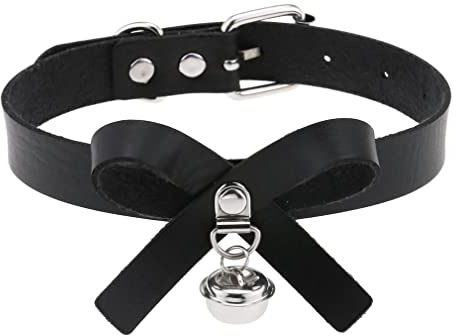 Duories Leder Choker Kette,Halsband aus Leder mit Schleifenknoten und Glöckchen,Verstellbarer Choker 30 cm–40 cm für Damen Herren,Geeignet für Abschlussball, Date, Party, Club, Bar, Konzert,Schwarz