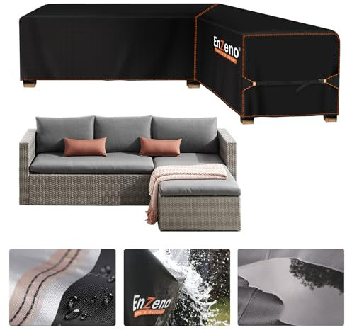 Enzeno Cubierta para Muebles de jardín para sofás en Forma de L (Izquierda Larga y Derecha), Lona Impermeable para sofá de Esquina, con Rayas, Impermeable, 210 x 140 x 75 cm