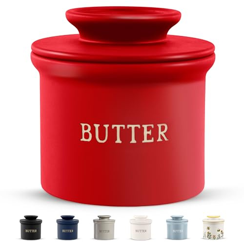Kook Mantequillera de cerámica francesa con tapa, recipiente en relieve, para mantequilla suave, rosa mate