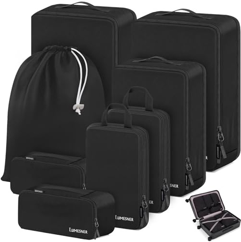 Lumesner - Set di 8 cubi per imballaggio a compressione, per valigie da trasporto, organizer a compressione e cubi da viaggio (8 pezzi, nero)