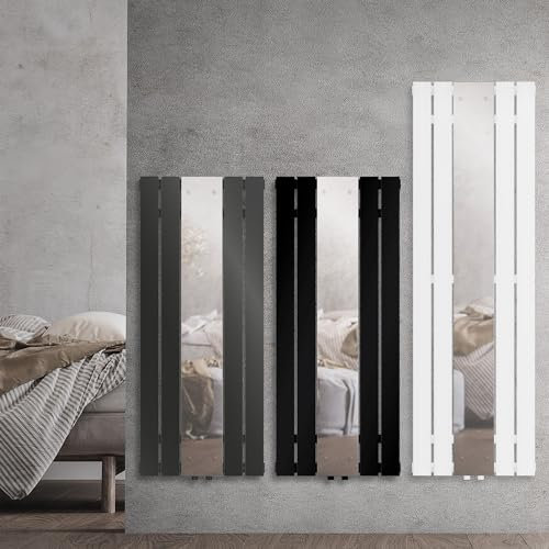 LuxeBath Badheizkörper mit Spiegel 1600x450 mm Schwarz matt, Design Paneelheizkörper Mittelanschluss Heizung, Flach, Spiegelheizkörper Glasheizkörper Flachheizkörper Vertikal Einlagig mit Montage-Set