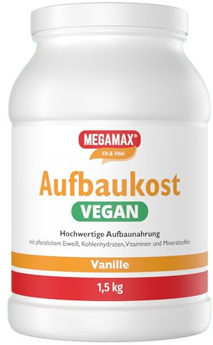 MEGAMAX Aufbaukost VEGAN Vanille 1.5 kg -Zunehmen mit vegane hochkalorische Trinknahrung Ideal zur Kräftigung und bei Untergewicht -Erbsenprotein zur fettarmen Kohlenhydrat-Eiweiß-Getränkes
