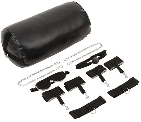 Bad Kitty Bondage Barrel – 11-teiliges Fessel-Set für Frauen und Männer, mit Bondage Kissenrolle, Hand- und Bein-Manschetten, Karabinerketten, Augenmaske und Knebel, Lederoptik, schwarz