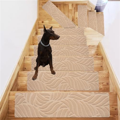 ENEN Tappetini per Scale Interne Copri Scalini Antiscivolo, Tappeto per Scale Gradini Antiscivolo di Sicurezza Tappeti per Scale Autoadesivi Riutilizzabile (15pc,Foglia-Beige)