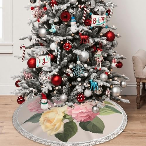 Rosa Rose Hortensie gedruckt Weihnachtsbaum Rock mit Quaste 91,4 cm – verdickte Weihnachtsbaum-Basisabdeckung für Dekorationen Urlaub Party