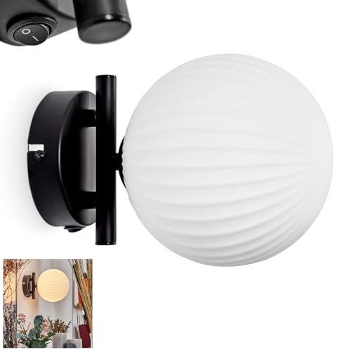 Wandleuchte Chehalis, Wandlampe aus Metall/Riffelglas in Schwarz/Weiß, Leuchte im modernen Retro/Vintage-Design mit Schirm aus Glas (Ø 15 cm) u. An/-Auschalter am Gehäuse, 1 x G9, ohne Leuchtmittel