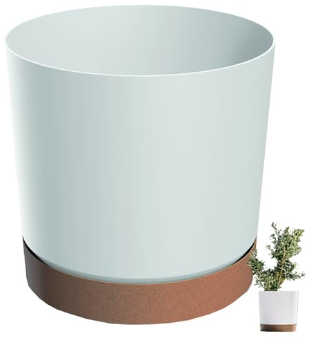 Prosperplast Pot de Fleurs TUBO PM - Blanc - 108 mm - avec Soucoupe en Bois écologique - Rond