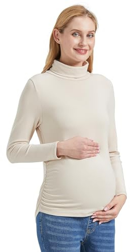 Gowjog T-Shirt De Maternité Femme avec Col Montant Maternité Haut Basique à Manches Longues Mode De Grossesse (Beige,M)