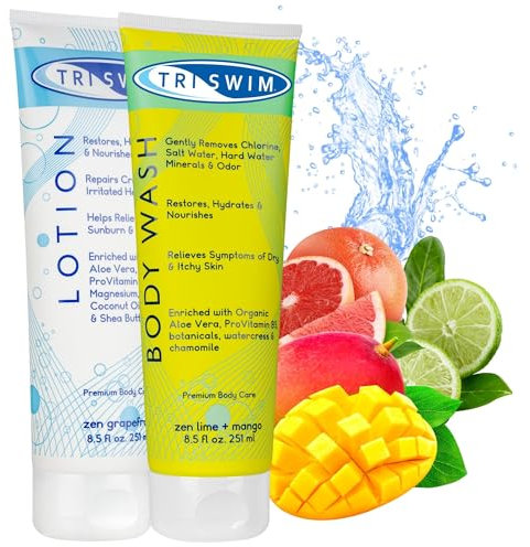 TRISWIM - Lote de cuidado corporal para nadadores que elimina el cloro, gel de ducha y loción corporal para después de nadar, gel de ducha e hidratante corporal para pieles secas - 2x251 ml