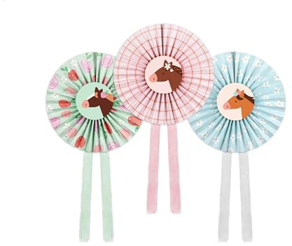 Papier Rosetten Deko 35cm 3er Set mit Pferde Motiv - Papierrosetten zum Aufhängen Kleben Dekorieren - Papierfächer Geburtstagsdeko Kindergeburtstag - Papierdeko & Partydeko - Pastell Mix