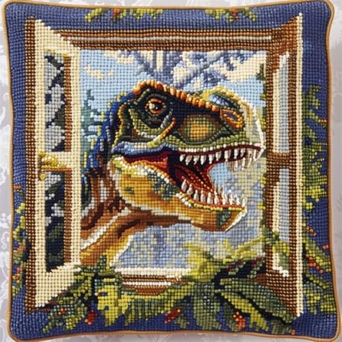RKFLGEW DIY knüpfen set erwachsene Farbe Dinosaurier knüpfkissen set Süße Tiere 3D-Kissen-Materialpaket，Knüpfhaken-Sticksets，DIY-Teppichkissen，Häkelkissenbezug für Zuhause 43x43cm