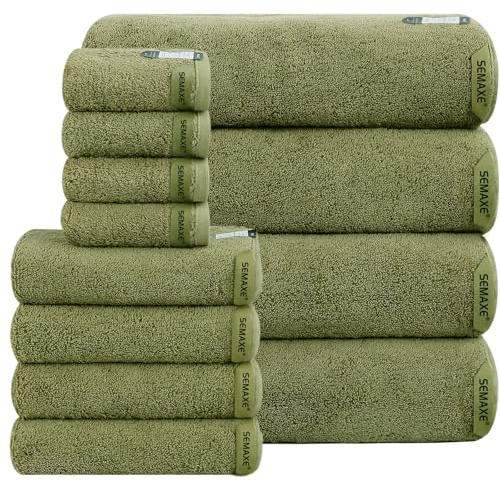 SEMAXE 12-teiliges Handtücher Set in Grün, aus 100% Baumwolle, Oeko-TEX Zertifiziert, weich & saugstark, mit praktischen Aufhängebändern, in Geschenkbox
