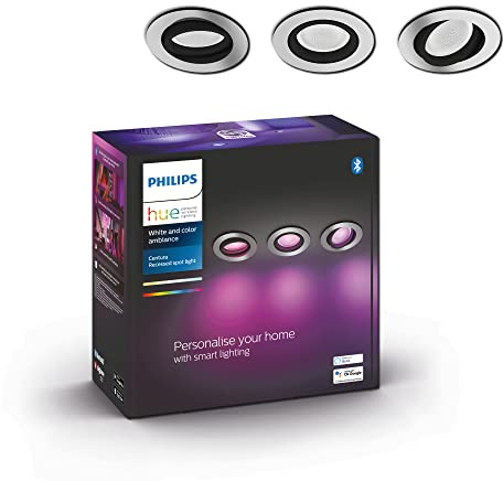 Philips Hue White & Color Ambiance Centura Pack of 3 Round recessed spotlights, dimmable Ceiling Lights for The Hue System with 16 Million Colours, Intelligent Light Control via Voice and app.