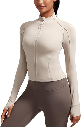 CRZ YOGA Butterluxe Femme Veste de Sport Courte Fermeture Éclair Intégrale Manches Longues avec Trous de Pouce Bronzage Mojave 42