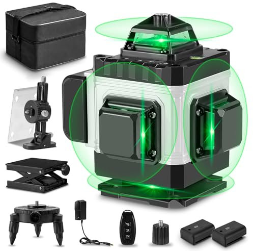 ONEVAN nivel laser autonivelante, 4D 16 líneas nivel laser verde con 2 baterías de 2400 mAh, 4x 360 grados, rango de trabajo 25 m, IP54 lazer nivelador para sitios de construcción en interiores