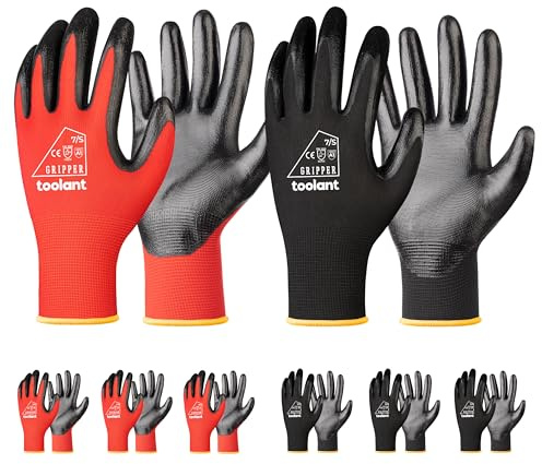 toolant Nitrile Coating Work Gloves for Men, Superior Oil Resistance, 6 Pairs Bulk Safety Work Gloves with Grip, Touch Screen, for Automobile Repair, Gardening, Warehouse (Red & Black, S)